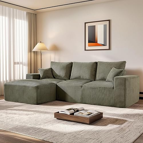 108" Modular Sectional Sofa, Compression Sofa with Deep Seat, Modular L-Shape Couch with Chaise, Upholstered Couches for Living Room Bedroom, No Assembly Required (Green Corduroy, 108" L Shape)