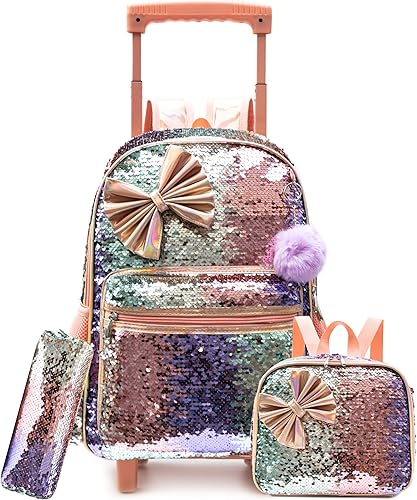 Meetbelify Mochila con ruedas Bowknot para Gilrs Mochilas con ruedas Maleta con ruedas para niños, Un Bowknot Champagne, Mochila