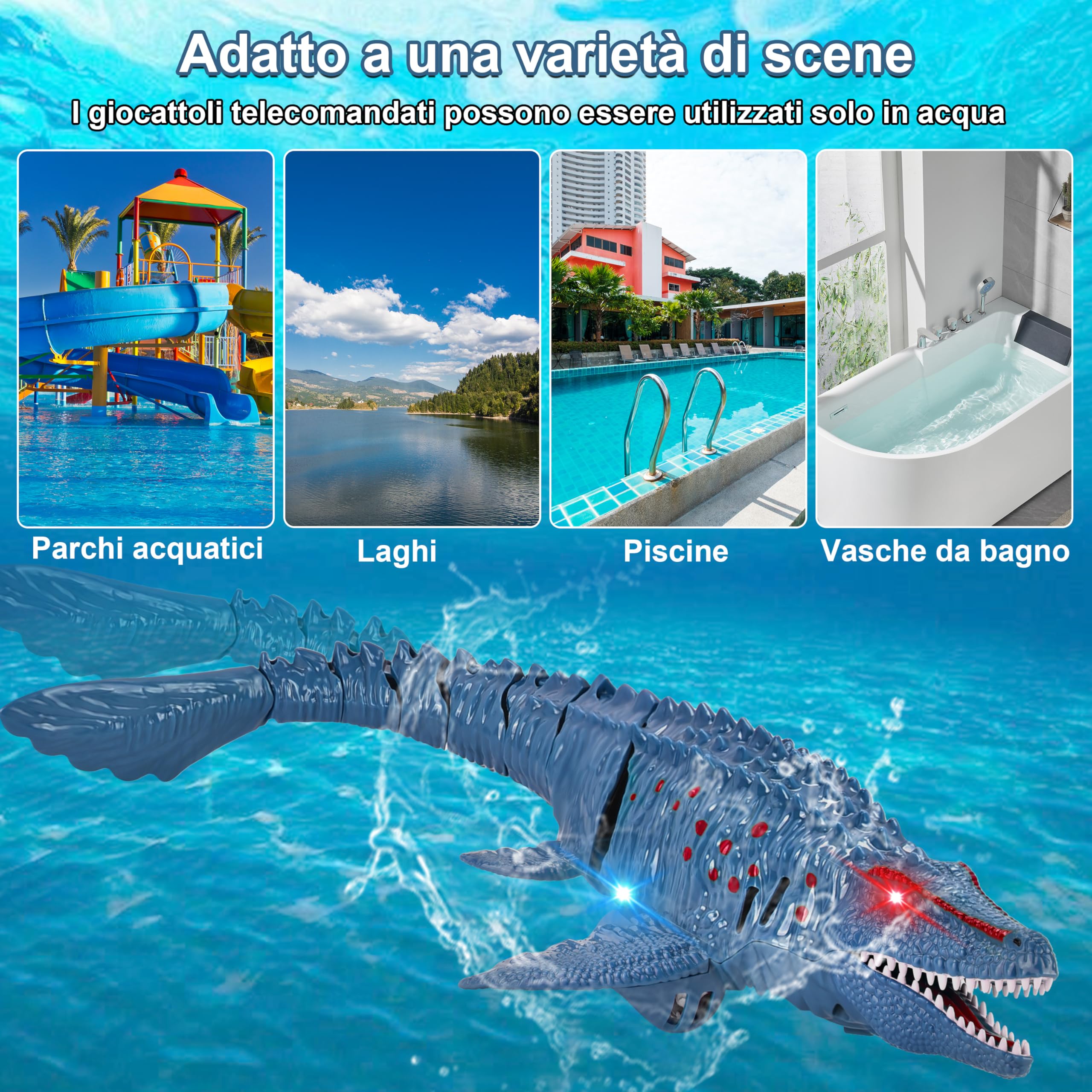 IEEILULU Barca Telecomandata RC Mosasaurus, 2.4GHz Giocattolo Acquatico Telecomandato con Luci, Dinosauro Barca Elettrica Shark con USB, Regalo per Bambino di 8+ Anni (Blu)