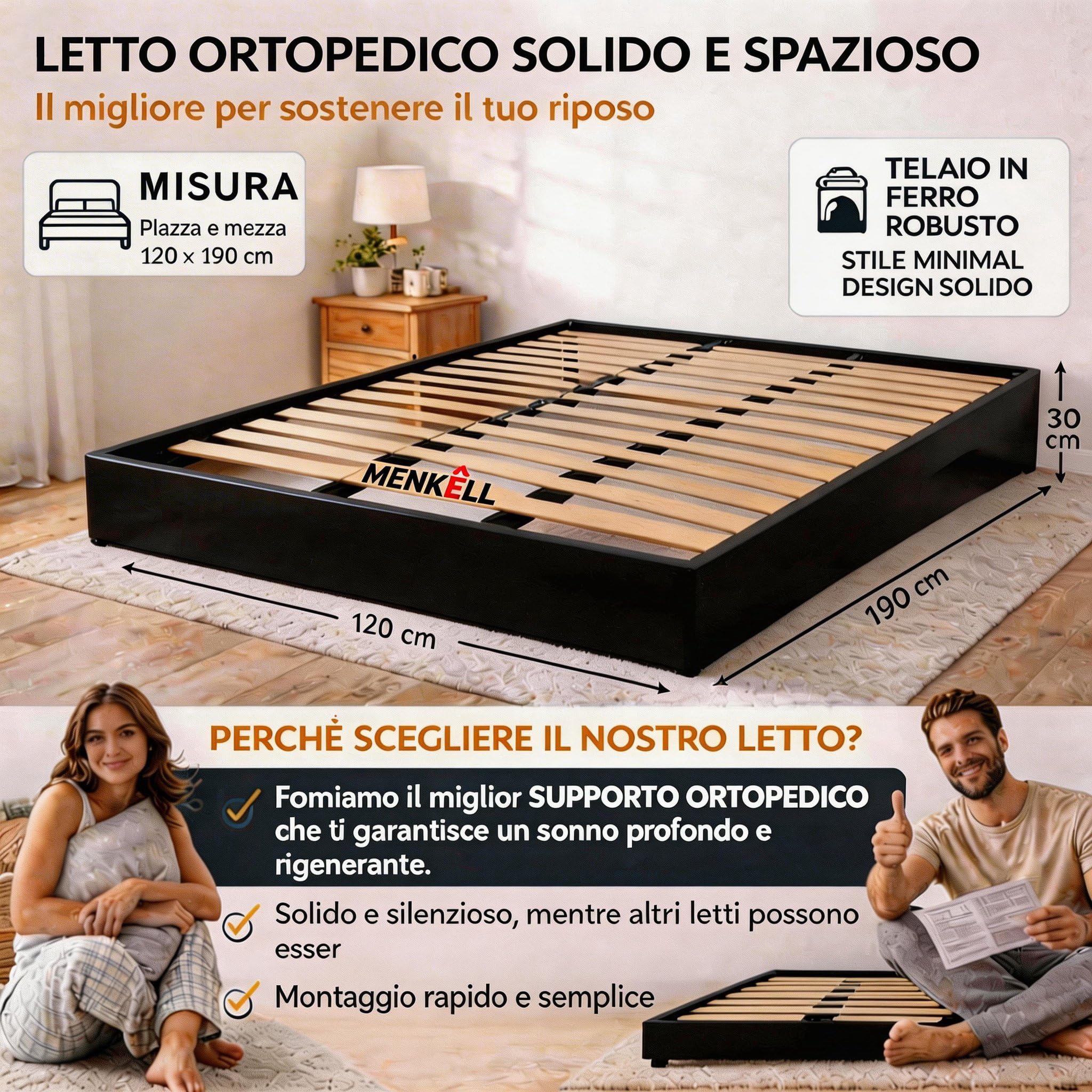 Rete Letto Ortopedica Da Appoggio Senza Piedi Rinforzata per letto da Incasso - Telaio in Ferro e Doghe in Legno - Per Tutti i Tipi di Materassi, Supporta Fino a 170kg (120cm 1 piazza e 1/2)