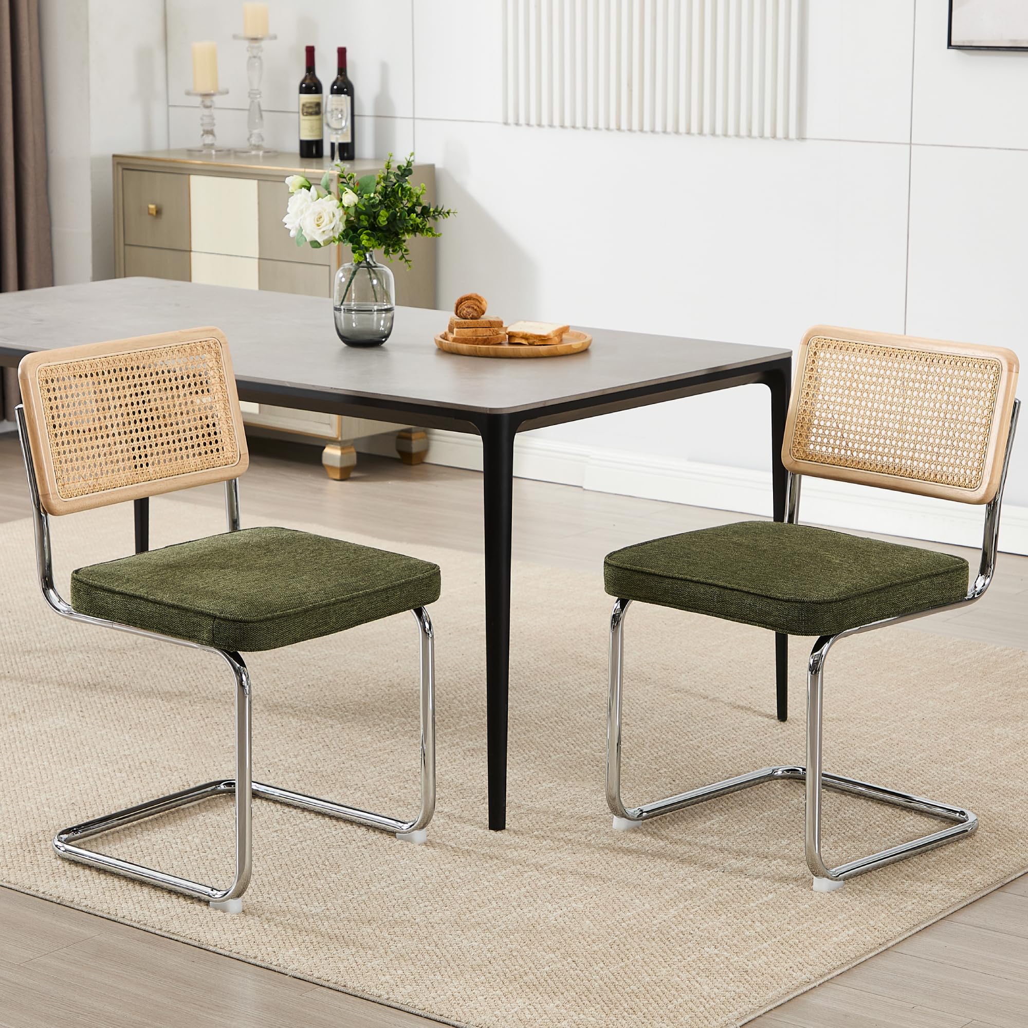 Zesthouse Rattan Cantilever Dining Chairs Set of 2, Mid-Century Modern Upholstered Kitchen Chairs with Linen Seat Metal Legs for Home, Green