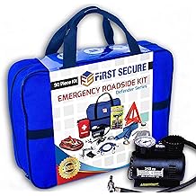 Car Emergency Kit with Air Compressor, Jumper Cables, First Aid, Tow Strap, Tire Gauge, Headlamp &ndash; Roadside Safety Kit for Women, Men, Teens