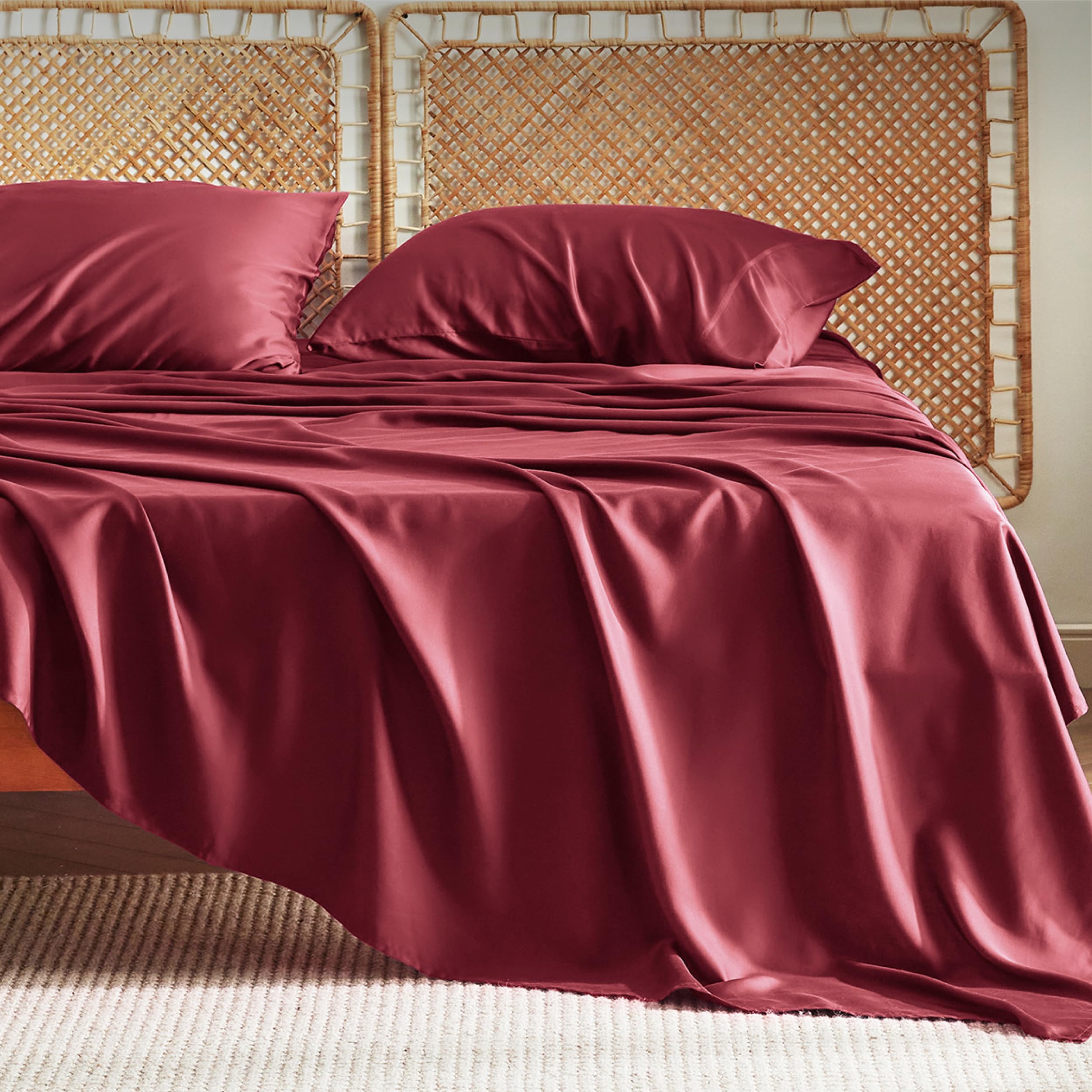 King Size Sheets Set, Cooling Sheets for Hot Sleepers, Rayon Derived from Bamboo, Breathable & Soft, Deep Pocket Up to 16 Inches, Hotel Luxury Silky Bedding, Burgundy