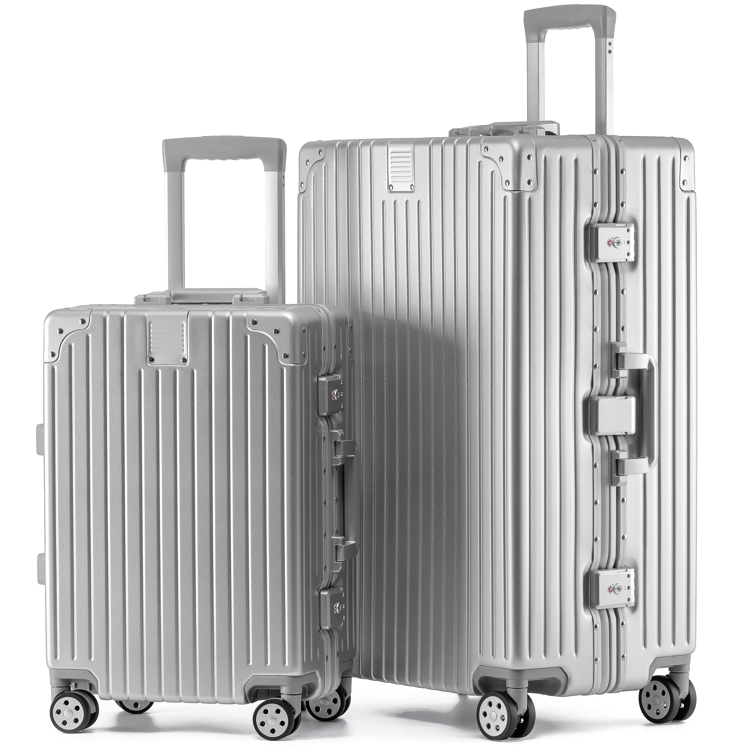 KOFA Zurich - Set di 2 valigie in alluminio, M-55 cm e XL-75 cm, telaio rigido trolley, carry-on + valigetta per check-in, con 4 ruote e doppia serratura TSA 35L + 94L, argento, 55x37x23 cm /