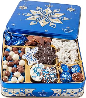 New Years Gift Basket, Winter Snowflake, Holiday Snack Assortment with Chocolate Pretzels, Peppermint Bark, Nuts & More – for Families, Coworkers, and Office Sharing, Bonnie and Pop