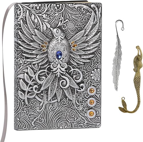 Miniatura 1 de Diario sin forro  Phoenix Silver 3D grabado en relieve de tapa dura, cuaderno de bocetos A5 en blanco con 2 marcadores, 8.4 x 5.7 pulgadas (100