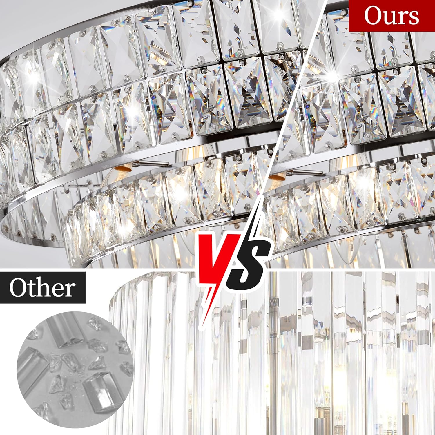 20 Inch Contemporary Luxury Crystal Chandelier, 6-Light Chrome Semi-Flush Mount Ceiling Fixture, Round Crystal Pendant Design Perfect for Living Room, Dining Room, Kitchen, Foyer & Bedroom