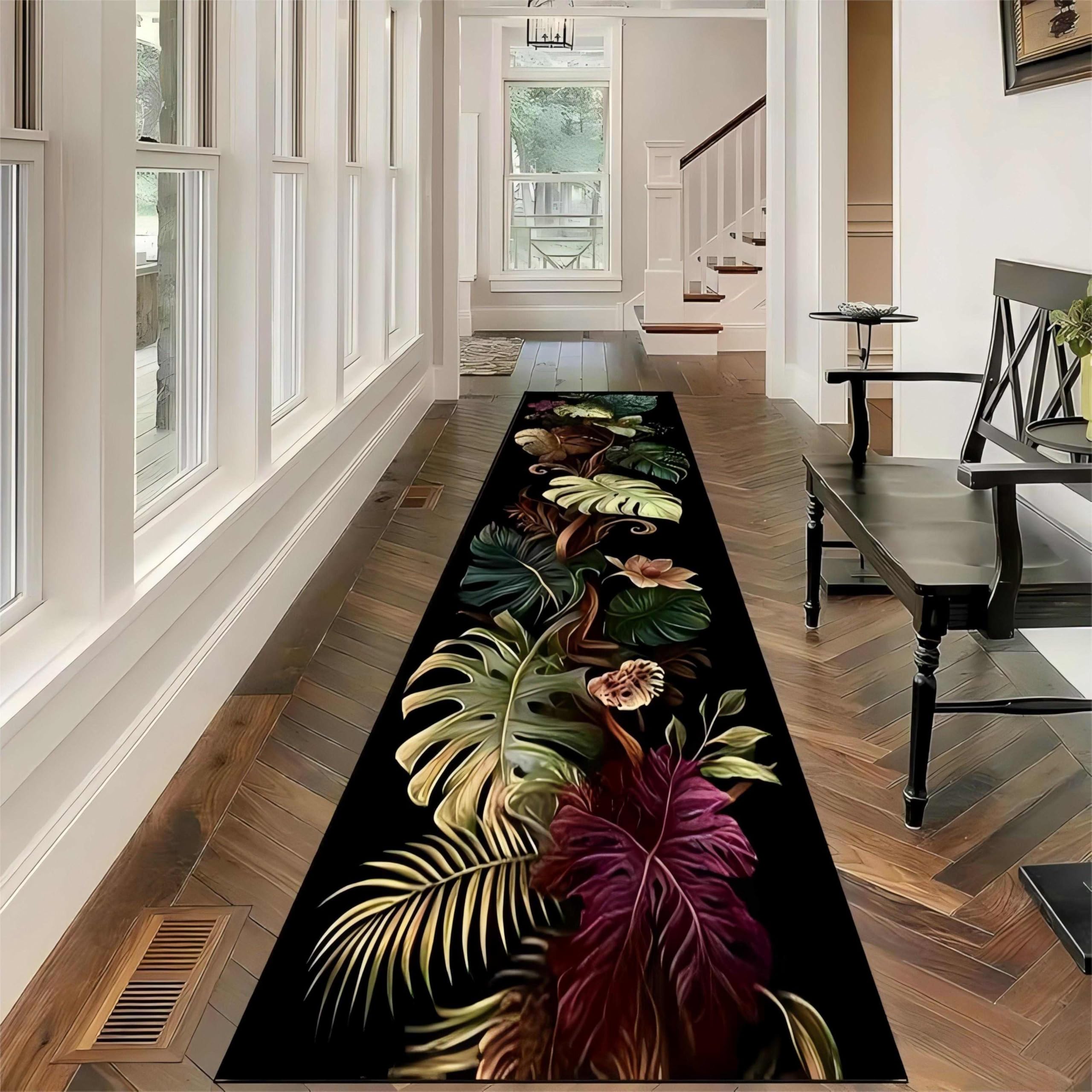 Tropical Leaf Runner Rug,65x220cm, Summer Jungle Natural Plant Palm Leaf Long Hallway Rugs, Non-Slip Washable Monstera Black Kitchen Carpet, Soft Low Pile Rugs for Living Room Laundry Room Bathroom โ image 1