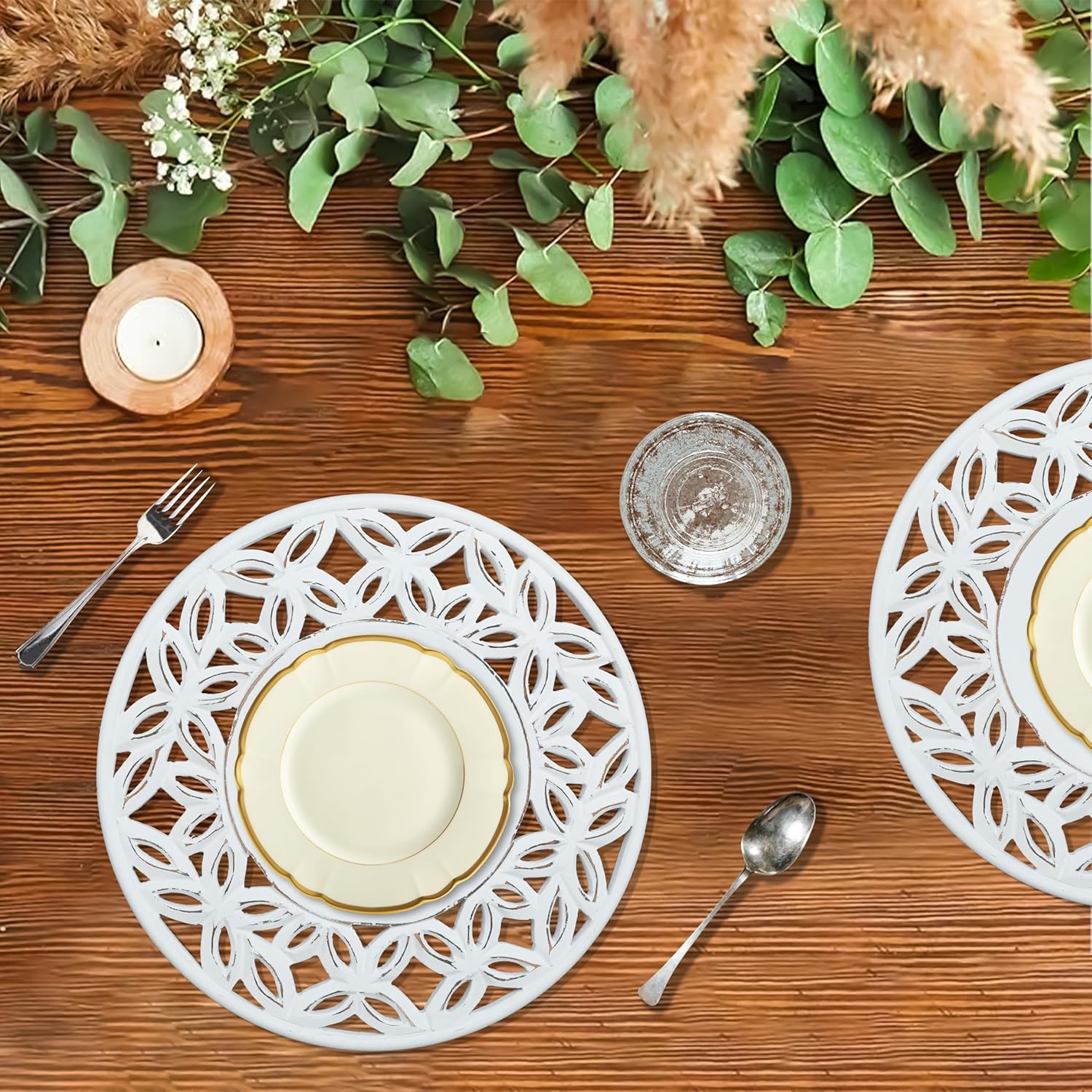White Wood Charger for Dinner Plates Set of 2 - Decorative Cut Design 13 Inch Round Wooden Placemat for Dining Table Décor, Family Gathering, Christmas, New Year Party, Wedding, Events & Everyday Use