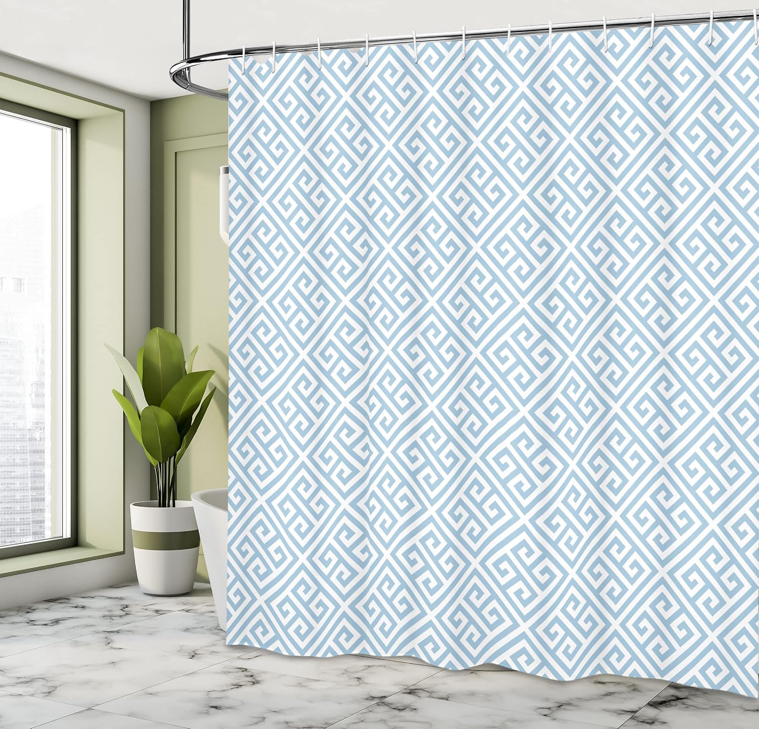 Ambesonne Greek Themed Shower Curtain, Geometrical Maze Pattern Design Hellenistic Origins in Pastel Tones, Cloth Fabric Bathroom Decor Set with Hooks, 69" W x 70" L, Blue and White