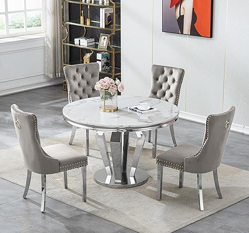 Miniatura 12 de Juego de 4 mesas de comedor redondas de mármol para 4, mesa de cocina redonda moderna y sillas de terciopelo beige, mesa de comedor de mármol blanco