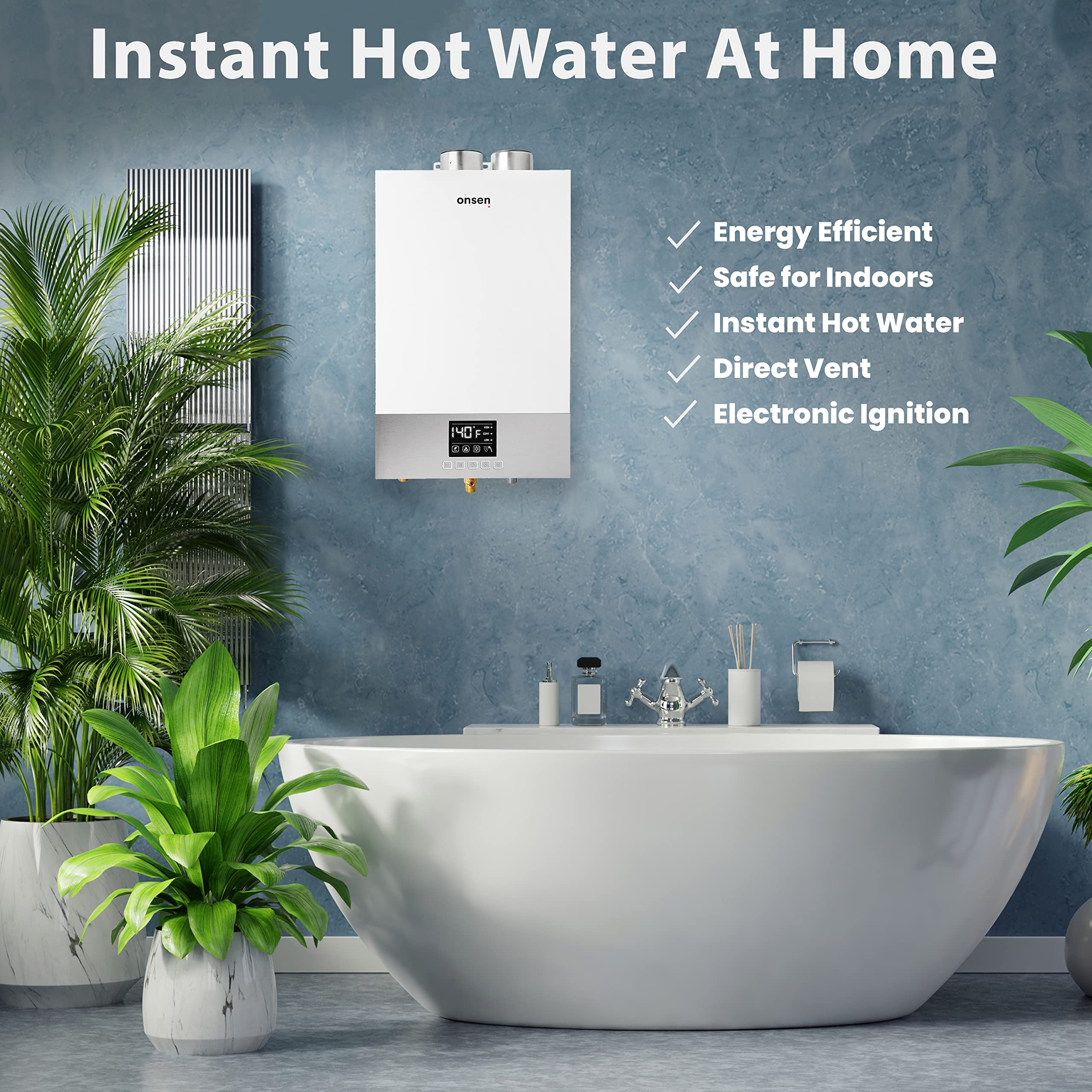 Onsen - 14L Direct Vent Tankless Natural Gas Water Heater - Electronic  Ignition - Hot Water On Demand - For Indoor Residential Tiny Home Use -  With LED Screen u0026 Display Panel - 120v - Amazon.com