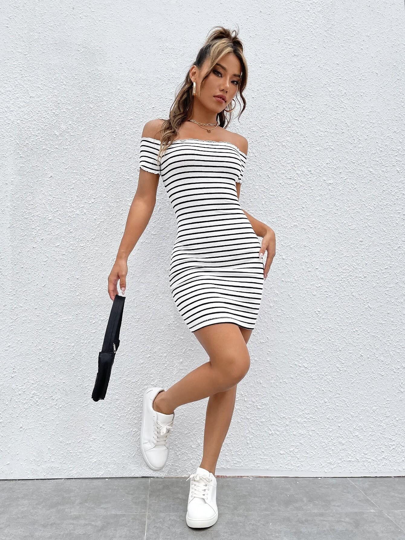 off the shoulder lettuce dress Amazon.com: Neeno Women's Dresses Striped Off Shoulder Lettuce Trim Bodycon Dress  Dress for Women (Color : White, Size : X-Large) : Clothing, Shoes & Jewelry