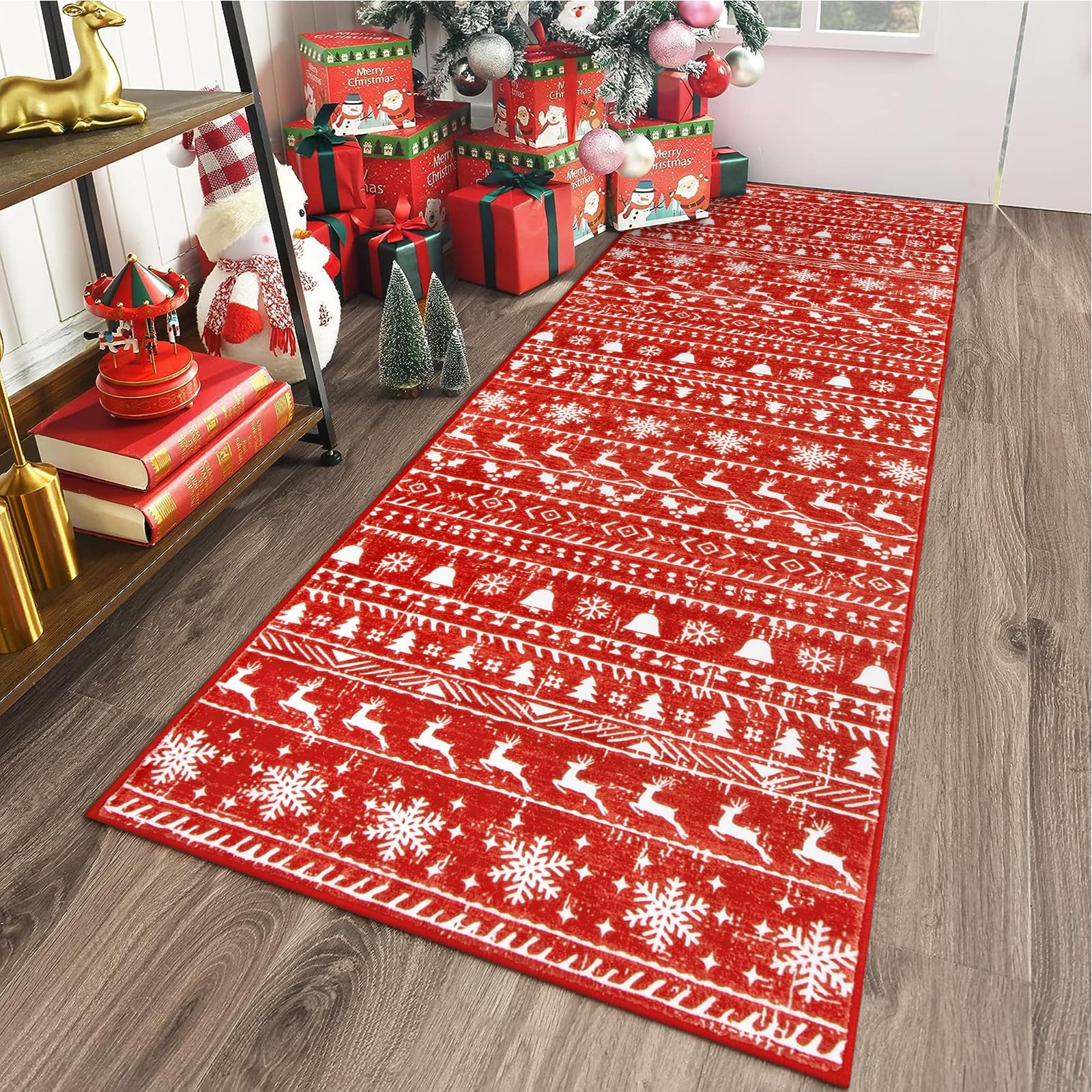 Lahome Christmas Runner Rug 2'6"x8' Red Rug Runners for Hallways Non Slip, Washable Kitchen Runner Rugs with Rubber Backing, Holiday Decor Snowflake Tree Indoor Carpet Runner for Laundry Bathroom