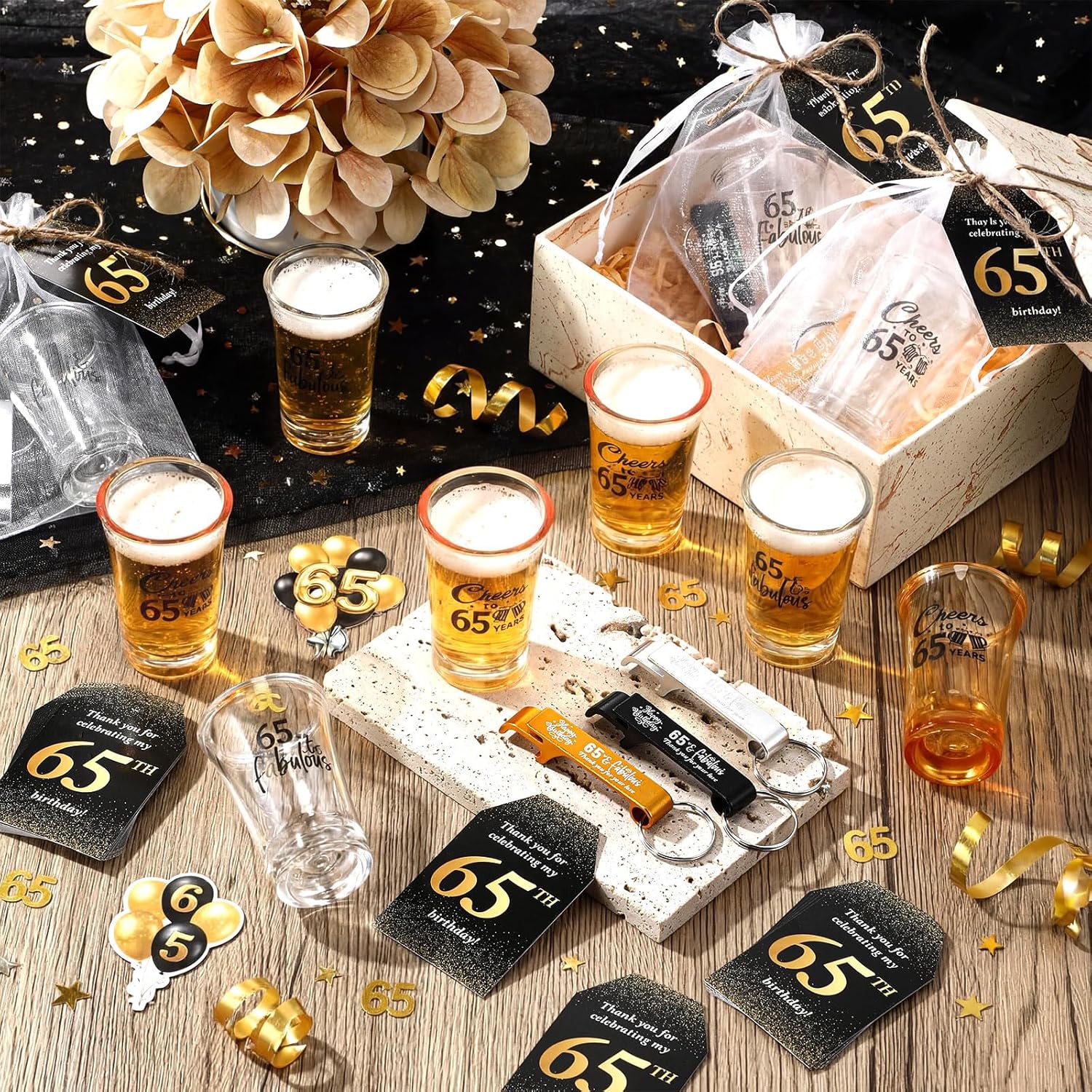 Domensi 30 sets 65th Birthday Party Favors for Guests 2 styles Acrylic Short Glasses 3 colors bottle opener Souvenir Thank You Tags with Organza Bags Twine for birthday Anniversary Wedding Shower
