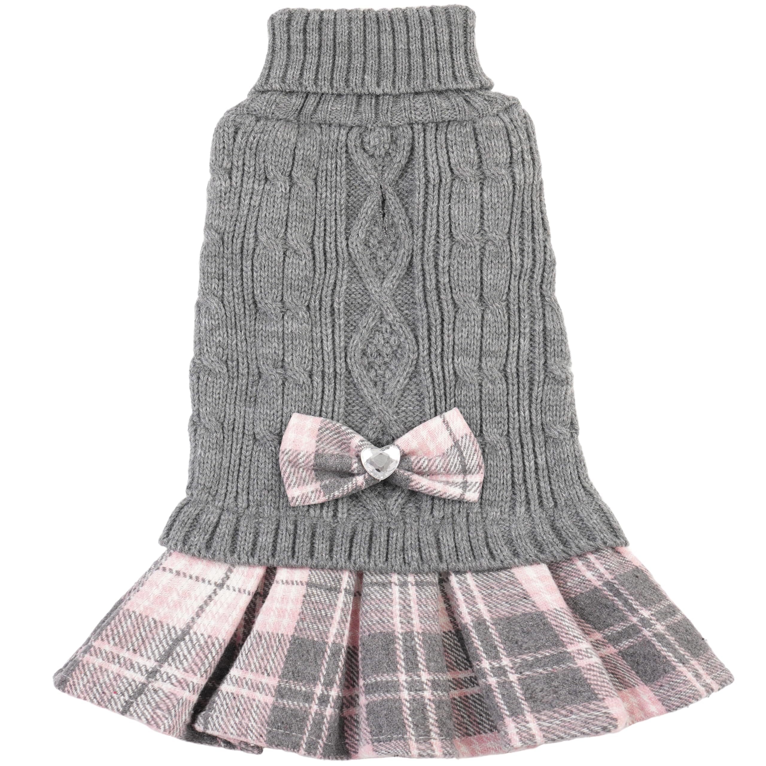 Dog Sweater Dress for Small Dogs Girl with Bowtie Pet Sweaters Pullover Coats Warm Dog Turtleneck Sweater with Leash Hole Pet Dogs Winter Clothes for Yorkies Chihuahua (Grey, Large)