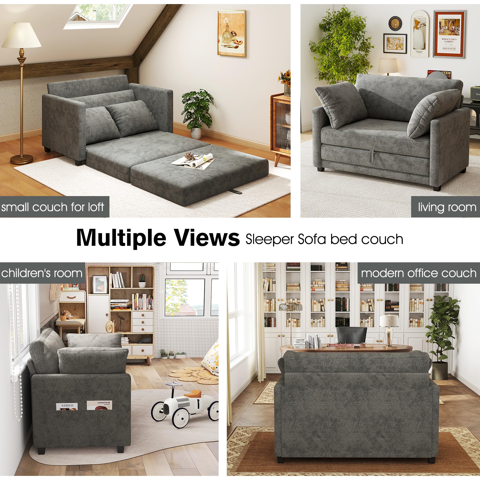 51" Loveseat Sleeper Sofa Bed, Chenille Convertible Floor Sofa Bed for Small Spaces, Folding Couch Bed with Deep Seat, 2 Pillows & Solid Frame, Pull Out Floor Couch for Living Room, Grey