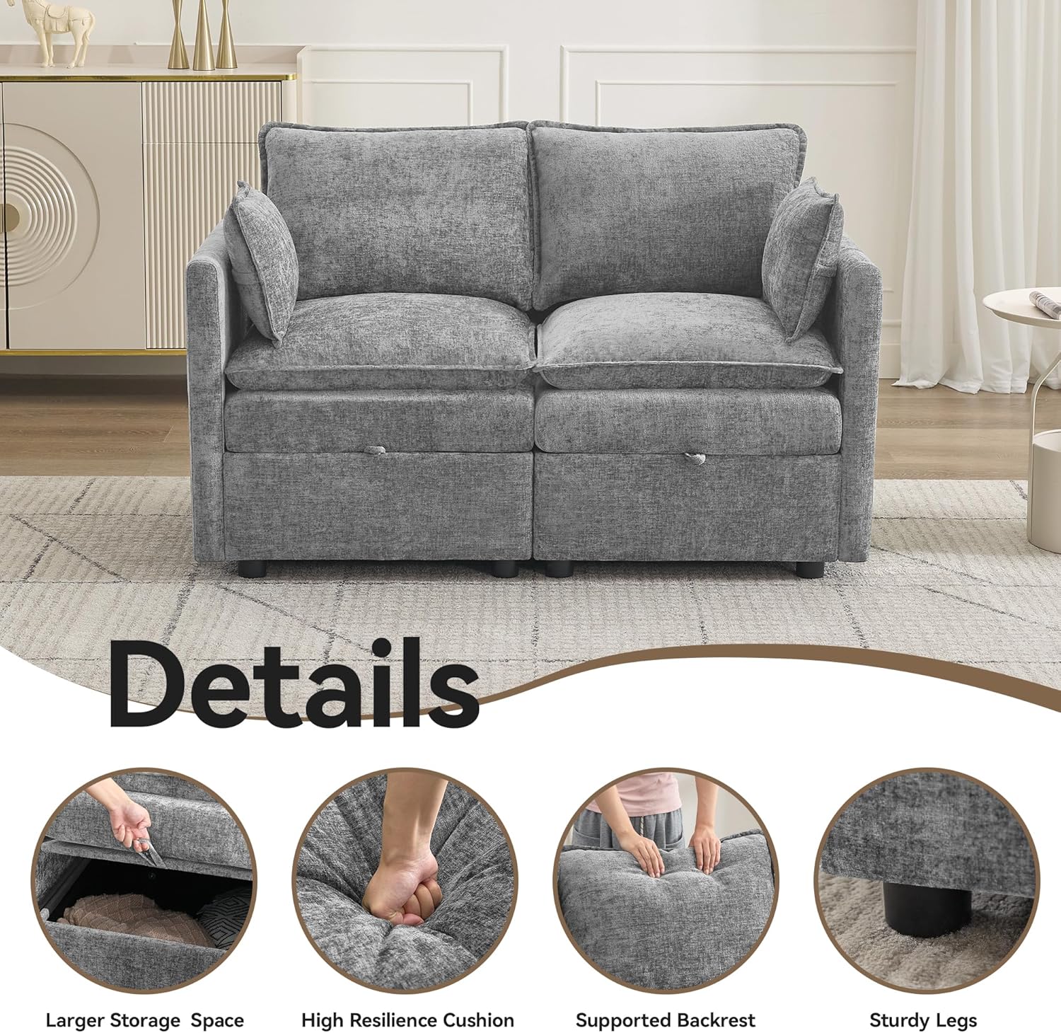 55" Cloud Modular Loveseat Sofa with Storage, Modern Upholstered Sofa Couch Small Love Seat, 2 Seater Chenille Comfy Sectional Sofa with Armrests for Living Room, Small Space, Light Grey