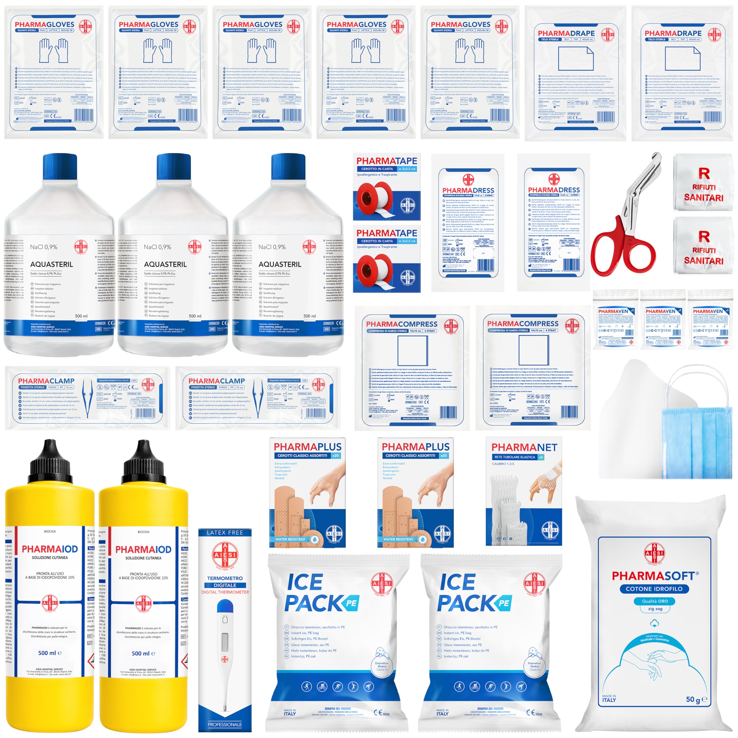 AIESI® kit di reintegro ALLEGATO 1 SENZA SFIGMOMANOMETRO pacco medicazione per cassetta di pronto soccorso aziende più 3 dipendenti, Conforme DM388/DL81, Made in Italy