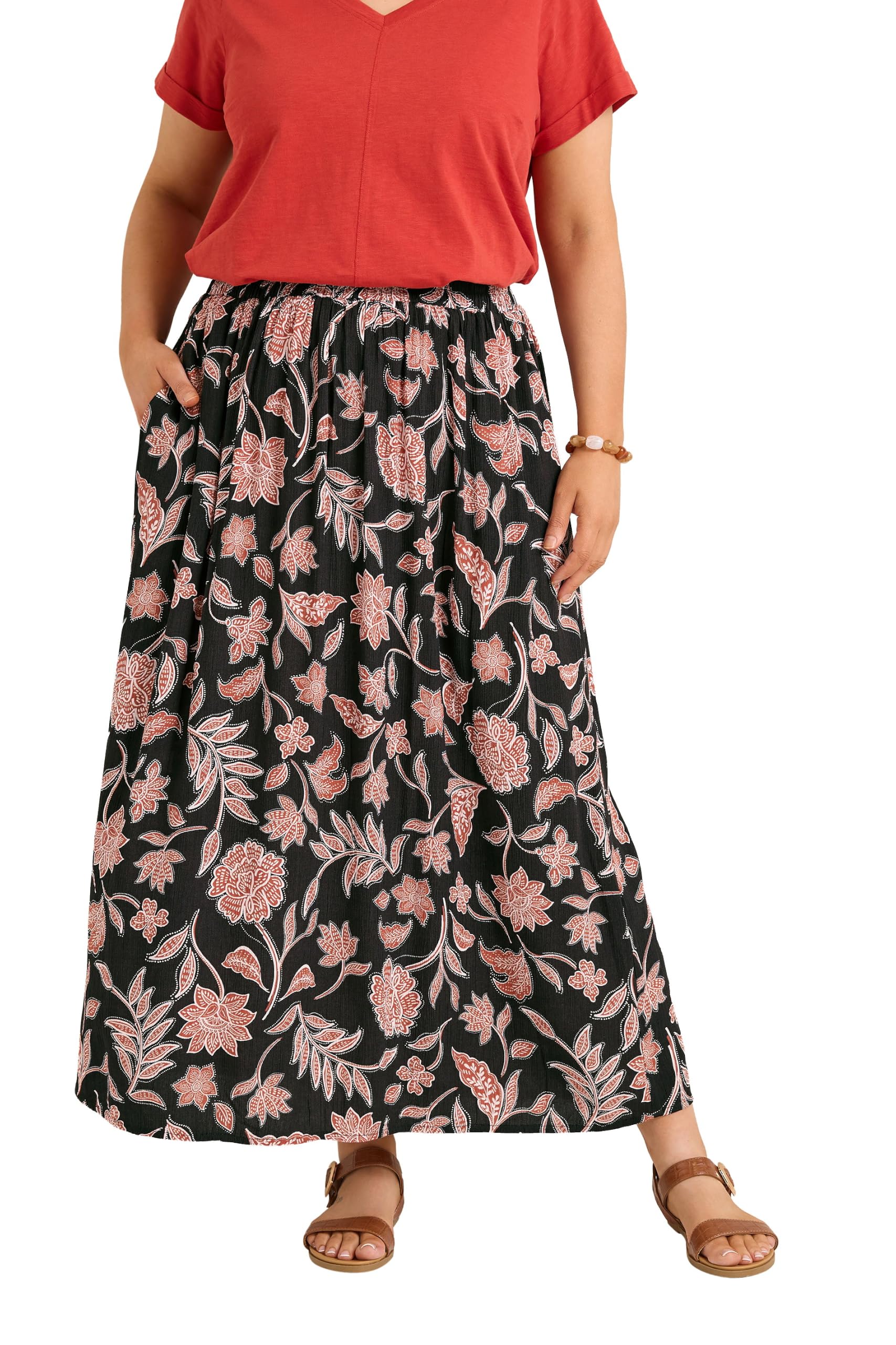 Evans Women's Black Plus Rust Orange Print A Line Midi Skirt Size 26-28