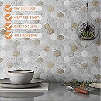 Vista 26 de VAOVI Peel and Stick Backsplash Tile,Backsplash Tile for Kitchen Peel and Stick Wall Panels Hexagon Marble Tile(White Silver,5pcs)