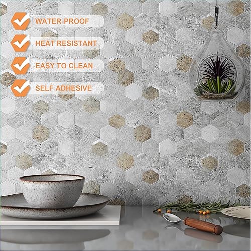 Miniatura 26 de VAOVI Peel and Stick Backsplash Tile,Backsplash Tile for Kitchen Peel and Stick Wall Panels Hexagon Marble Tile(White Silver,5pcs)