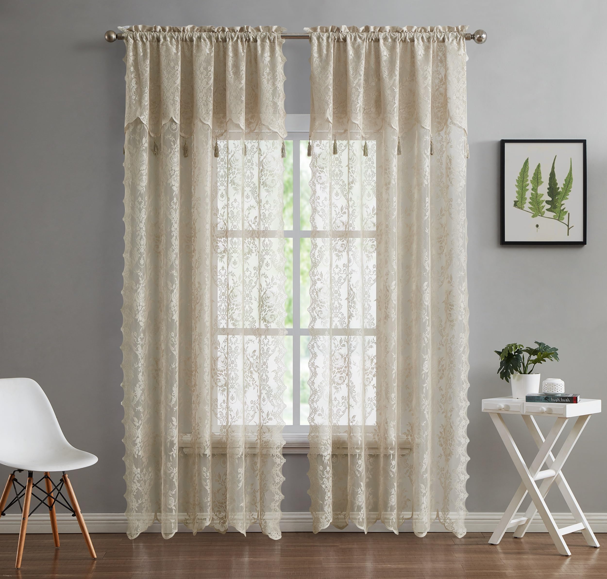 LinenZone Pair of 2 Lace Curtain Panels with Attached Valance and 6 Tassels. Sheer Lace Curtains for Living Room, Dining Room, Bedroom or Kitchen.