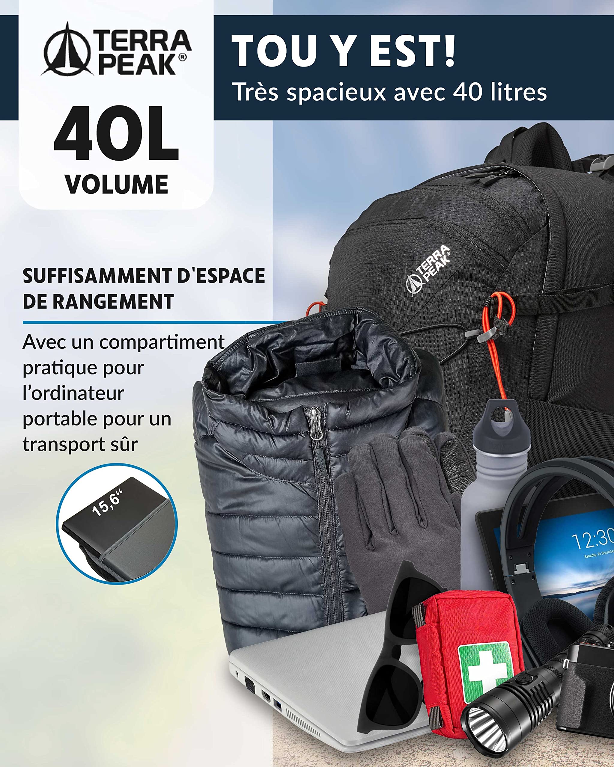 Terra Peak® Sac à dos de randonnée 40L (FLEX 40) grand pour femme et homme - Sac a dos de trekking, chasse et voyage (respirant, imperméable) - Sac alpinisme, escalade et de jour (ergonomique)