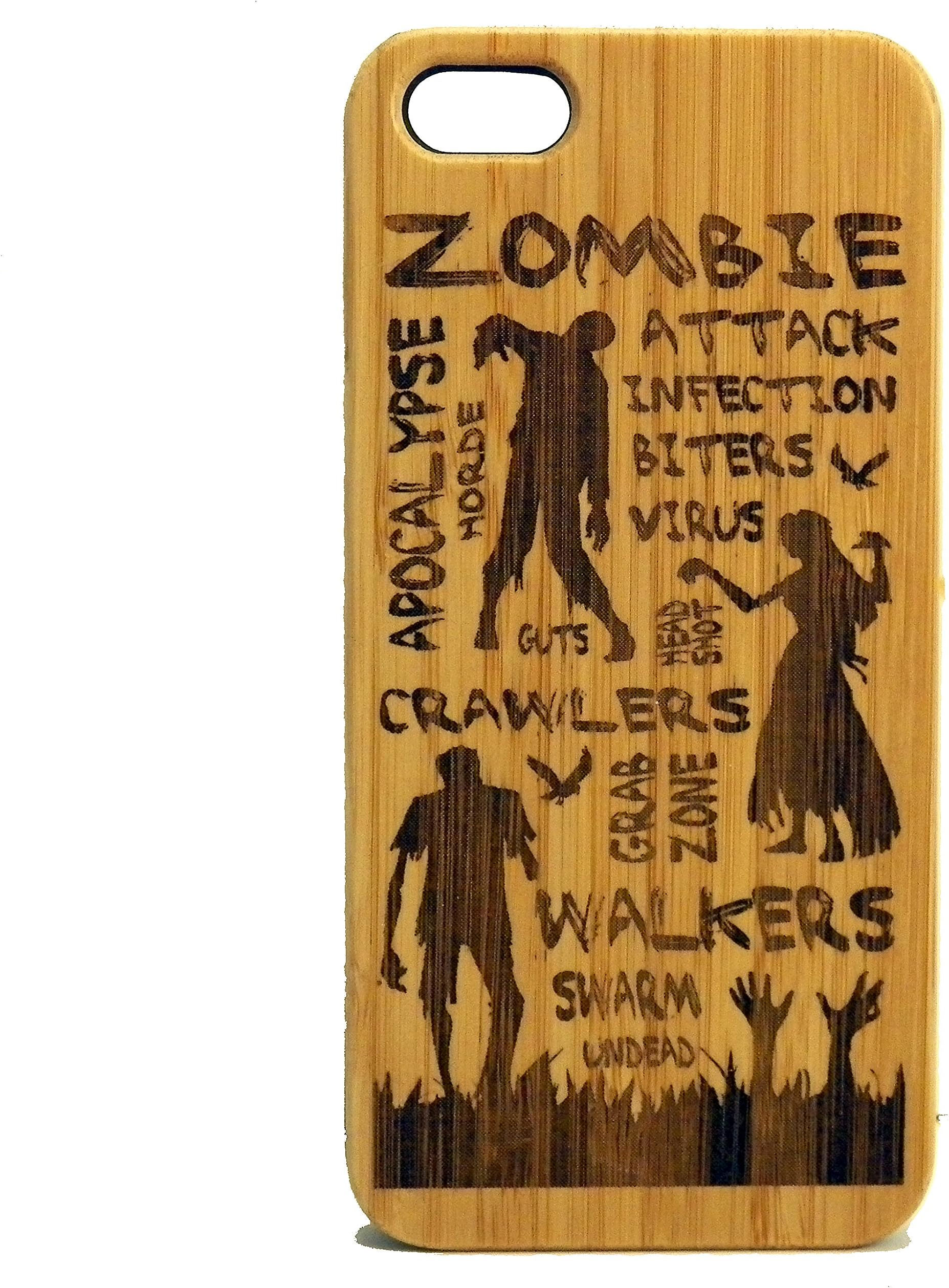 iMakeTheCase Zombie Attack iPhone 5 iPhone 5S or iPhone SE (2016) Wood Case Cover. Apocolypse Dead Walking Ghouls Monster Engraved on Eco-Friendly Bamboo Skin.