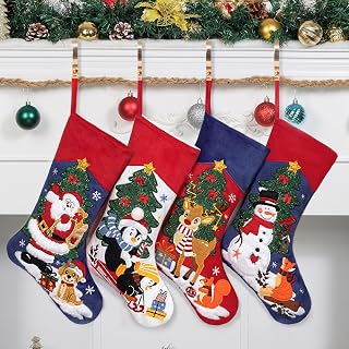 LUBOT Set of 4 Christmas Stockings Embroidered 20" Velvet Large Family Xmas Tree Stocking 4 Pack Shining Cute Cartoon Soft Luxury Stocking Fireplace Hanging Decor
