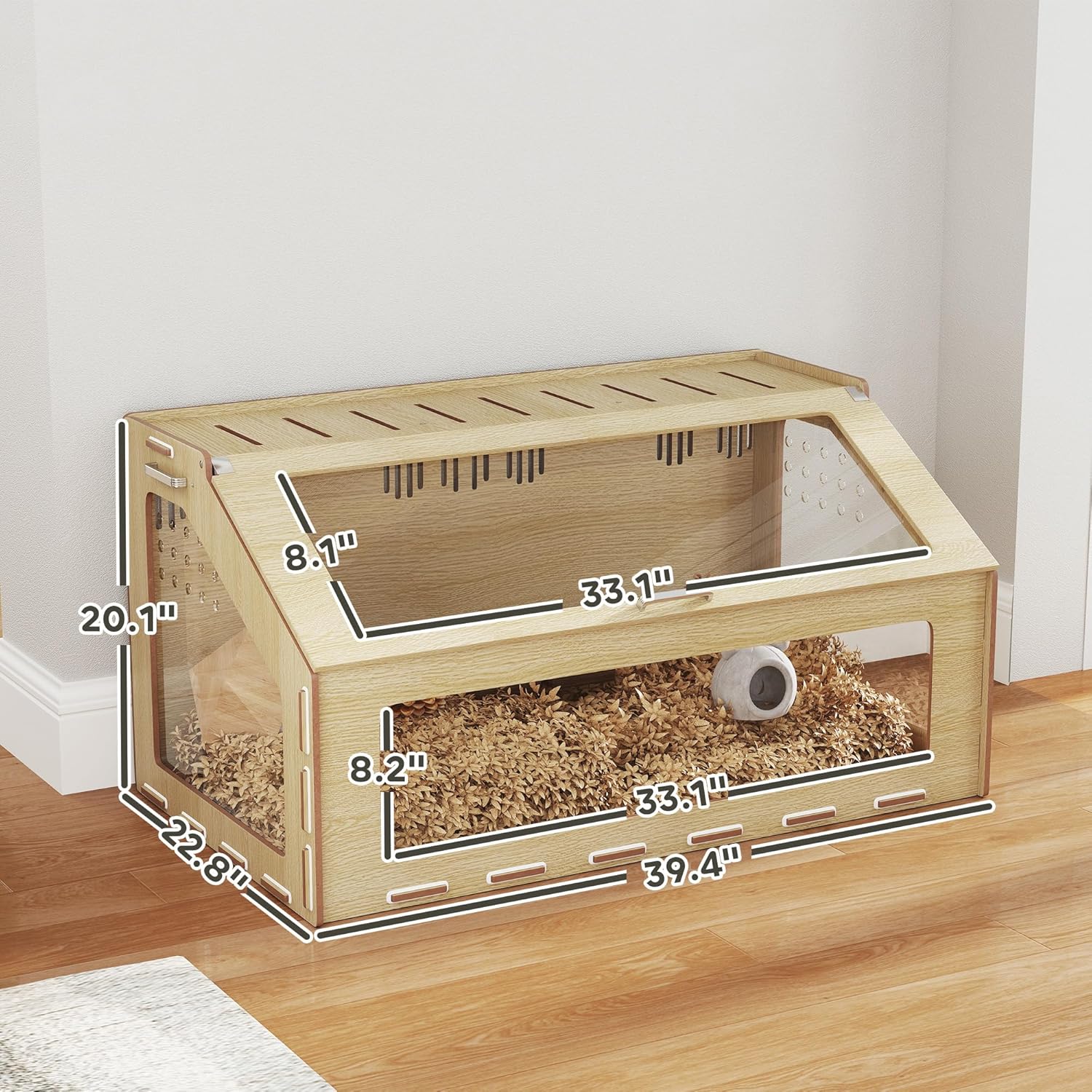 PawHut 39 Inch Hamster Cage Habitat, Small Animal Cage with Acrylic Window, Openable Top and Air Vents for Gerbil, Dwarf Hamster, Rat, Guinea Pig, Oak