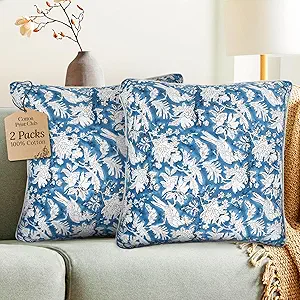 CPC 100% Cotton Throw Pillow Covers 20x20 Inch, Set of 2 Blue Block Print Pattern Couch Pillow, Cute Boho Decorative Pillows for Living Room, Bedroom with Hidden Zipper- Blue Sapphire