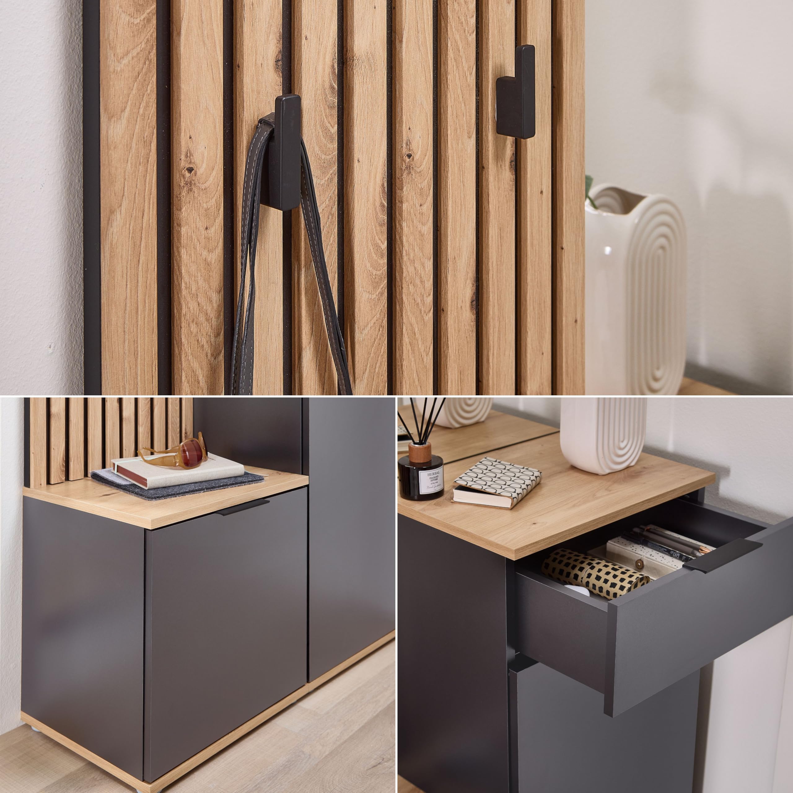 Simple Flurgarderoben Set in Artisan Eiche Optik, Anthrazit - Moderne Kompaktgarderobe mit Spiegel für Ihren Eingangsbereich - 88 x 195 x 35 cm (B/H/T)