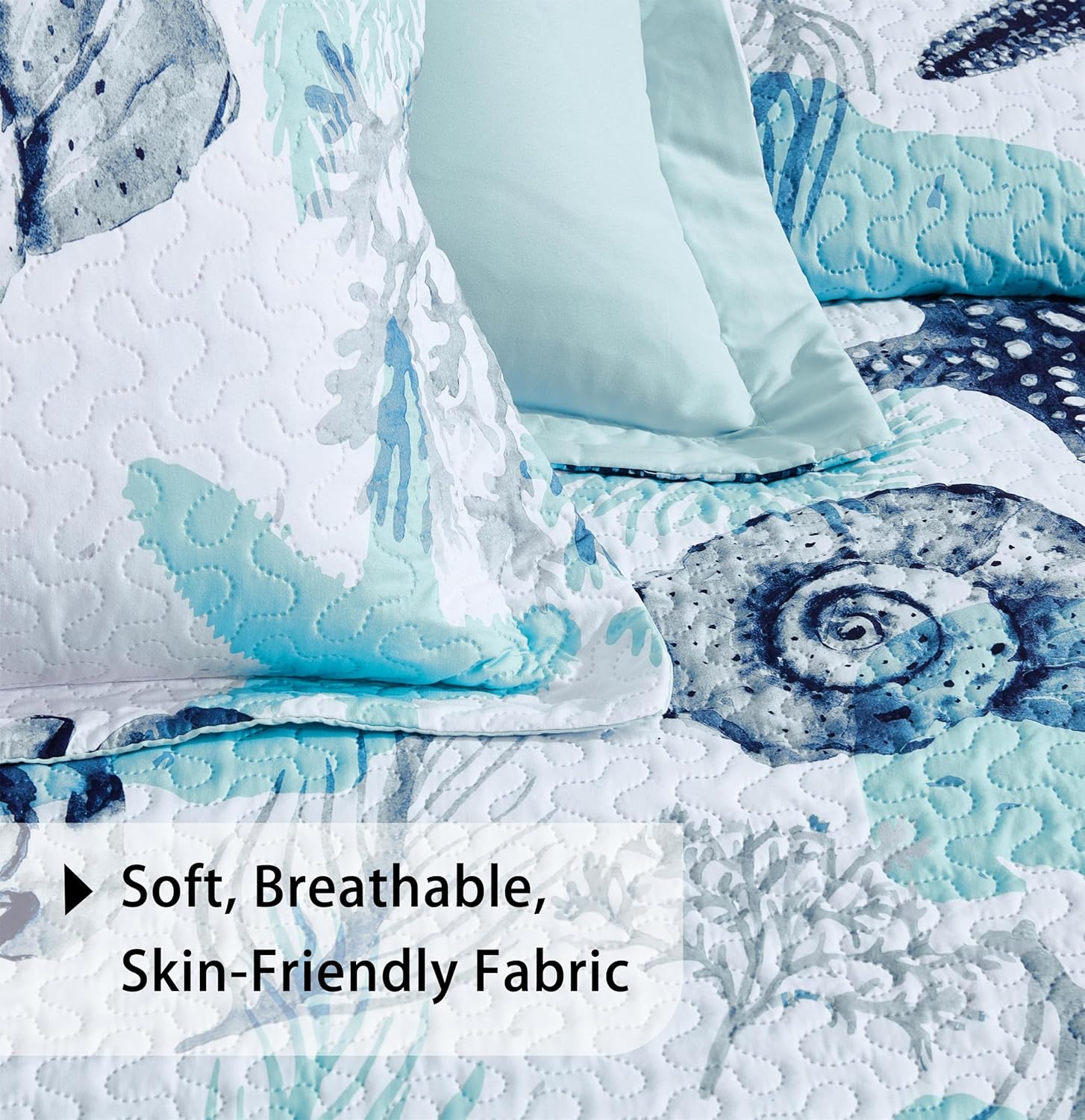 Tritard 3 Piece Coastal Quilt Sets King Size Nautical Reversible Lightweight Bedspread Coverlet with 2 Shams Blue Starfish Conch Beach Microfiber Bedding Quilt Set for All Season, 106''x96'' - Image 6