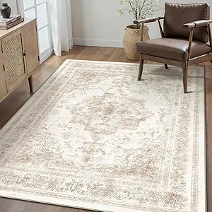Area Rug 4x6 Cream Washable Office Entryway Vintage Medallion Beige Carpet Non Slip Retro Indoor Mat Low Pile Soft Distressed Small Rug for Bedroom Kitchen Laundry Dining Room
