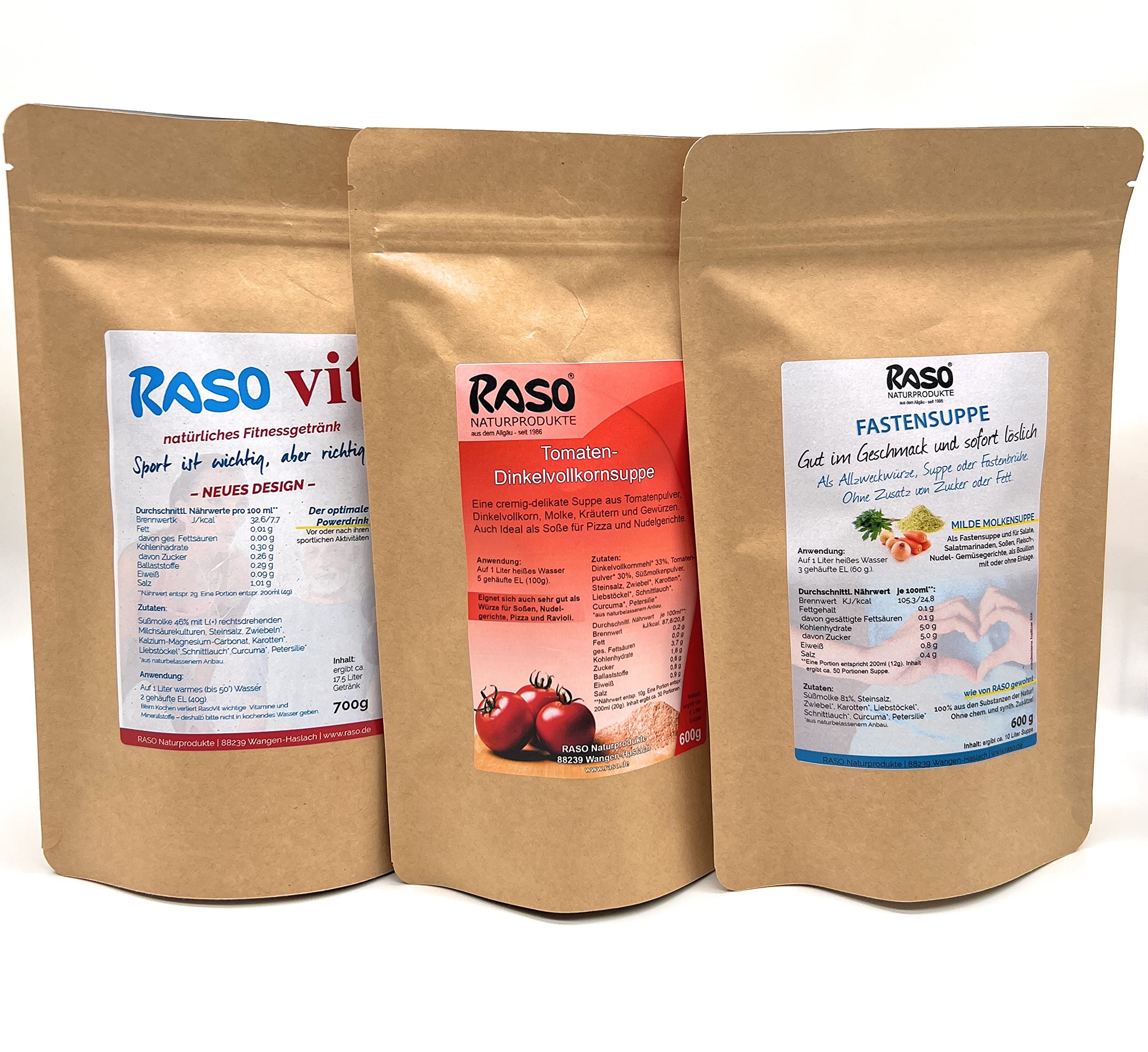 Suppen zum abnehmen - ( max. 0.2g Fett ) Tomatensuppe 600g - Fitness Suppe 700g (Molke) - Fastensuppe 600g - Fasten mit Molke - Basische Ernährung ohne chemische & synthetische Zusätze