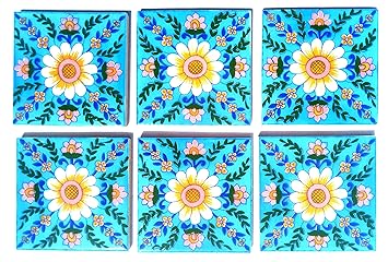 Shiv Kripa Decorative Ceramic Tabletop Interior Exterior Flooring Wall Kitchen Washroom Tile Mosaic Tiles 3x3 Inch 6 Tiles of Set (Sky Blue & Multi)