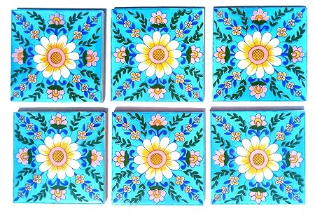 Shiv Kripa Blue Pottery Ceramic Handmade Tiles (Multicolour, 4 x 4-inch) - Pack of 6