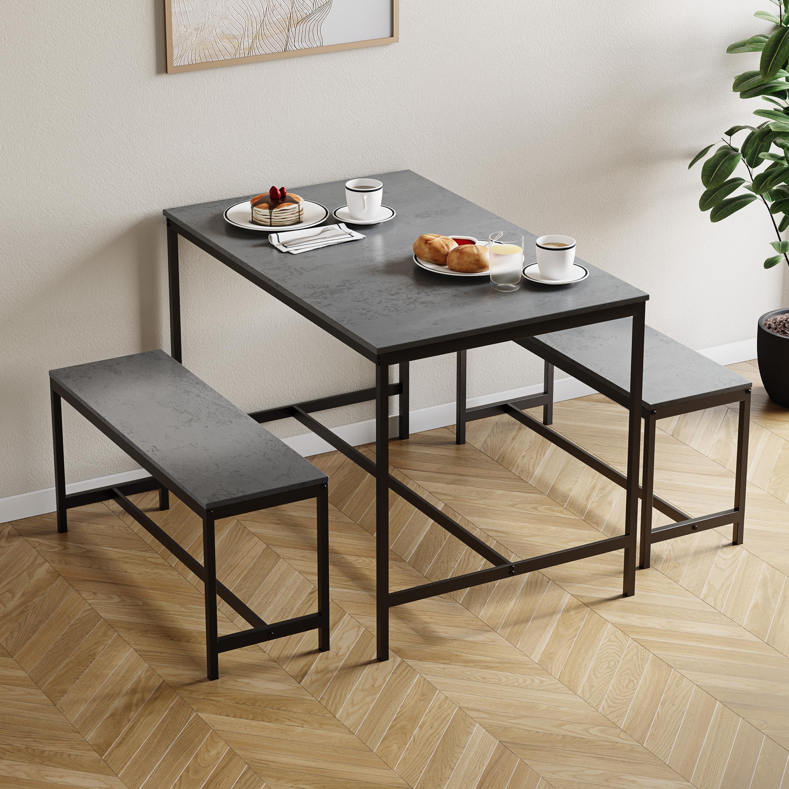 Vida Designs Roslyn 4 Seater Dining Set | Concrete Grey | 3 Piece Dining Room Complete Set | 75H x 110W x 70D cm | with 2 Benches | Rustic | Solid Metal Frame | Industrial Design