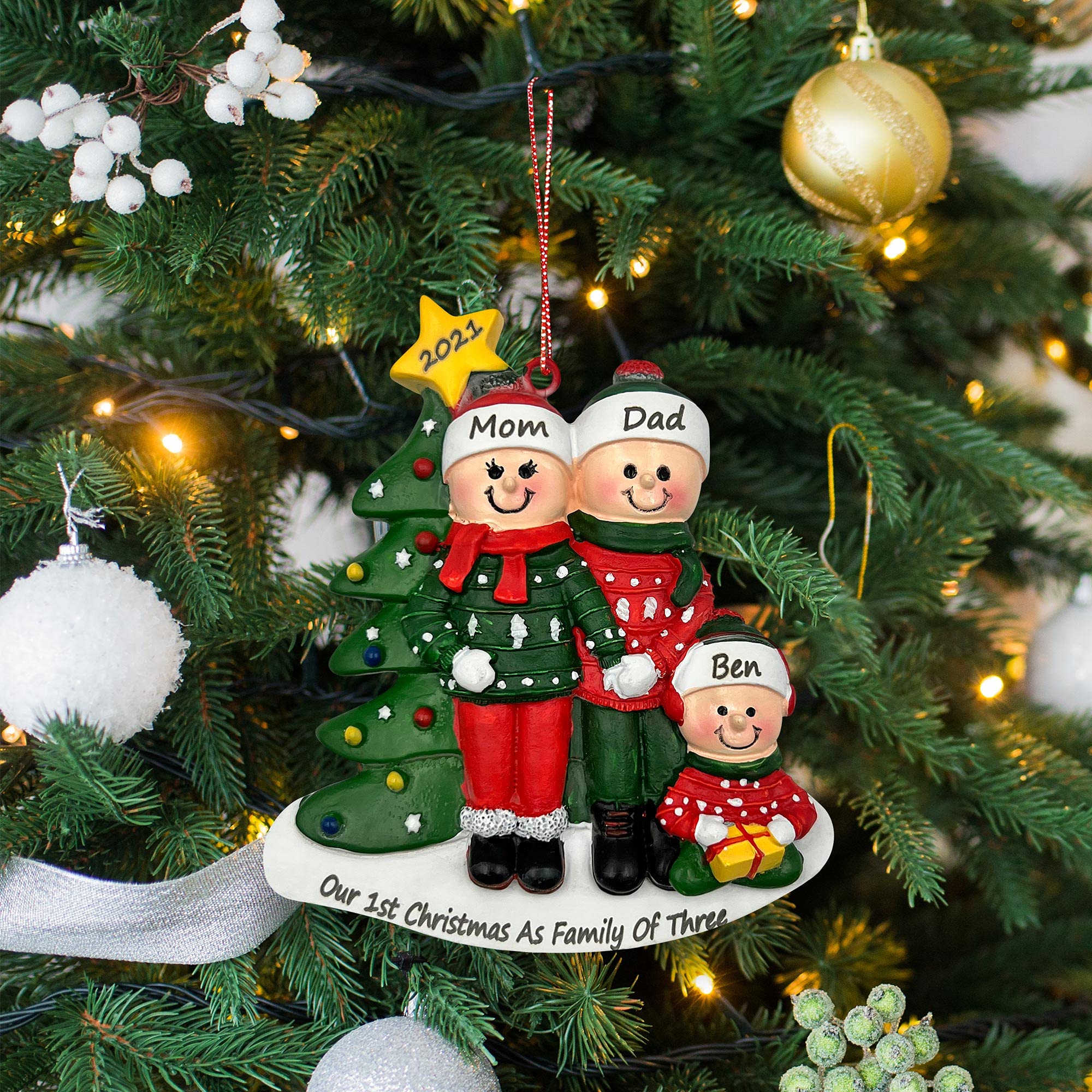 Personalised first christmas as a family of three décoration
