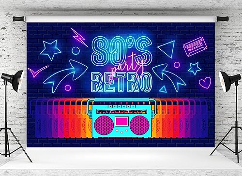 Miniatura 2 de Telón de fondo retro de 9 x 6 pies para fiesta de los años 80 con letras de neón Boombox, cinta de cassette de ladrillo para fiesta temática de los