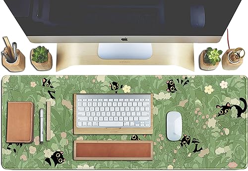 Miniatura 4 de Alfombrilla para mouse de escritorio con diseño de hojas verdes y flores rosadas, protector de escritorio kawaii, protector de escritorio para