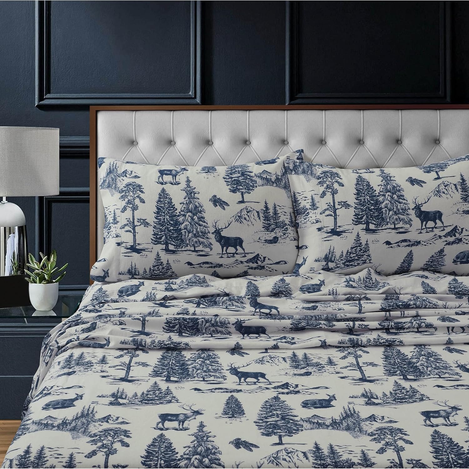 Tribeca Living 100% Cotton Flannel Sheet Set - 200 GSM, Deep Pocket, Ultra Soft & Cozy, Queen, Deer Toile Navy Deer Toile Navy Queen