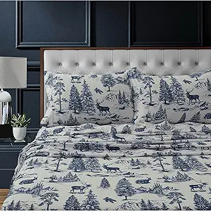 Tribeca Living 100% Cotton Flannel Sheet Set - 200 GSM, Deep Pocket, Ultra Soft & Cozy, Queen, Deer Toile Navy
