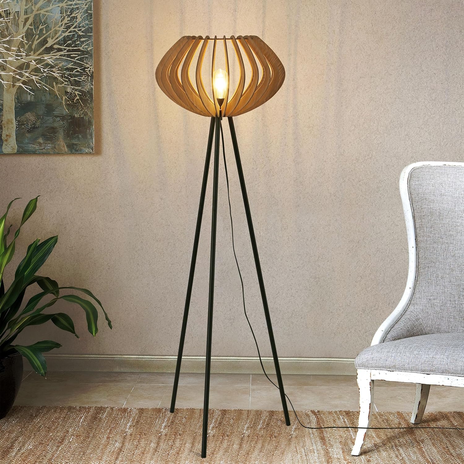Tripod Floor Lamp for Living Room, Bamboo Boho Hand-Worked Woven Cake Lampshade Standing Lamp with Foot Switch, Industrial Black Wood Tall Floor Light Decoration for Bedroom, Farmhouse