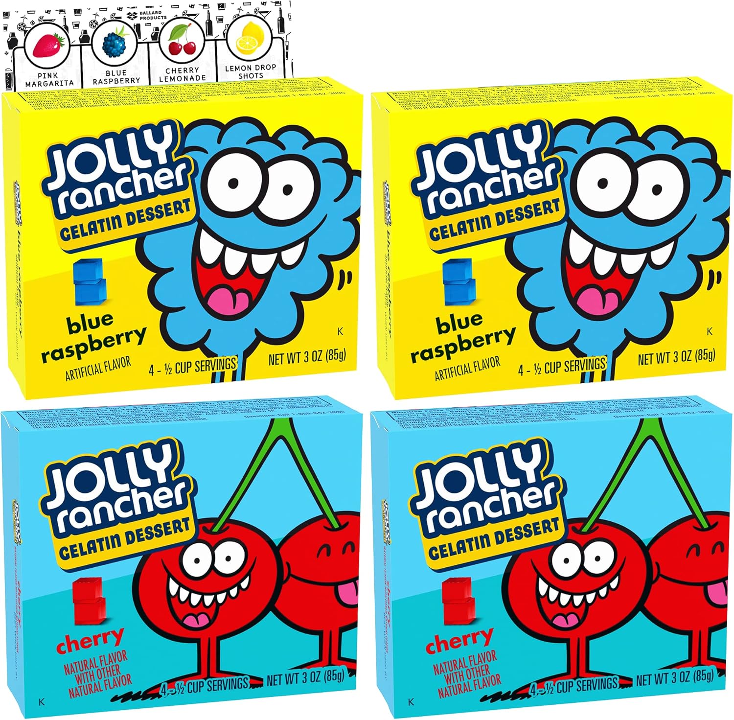 Jolly Rancher Jello Pack of 4 Cherry and Blue Raspberry Jello Mix Jello Mix Variety of Candy