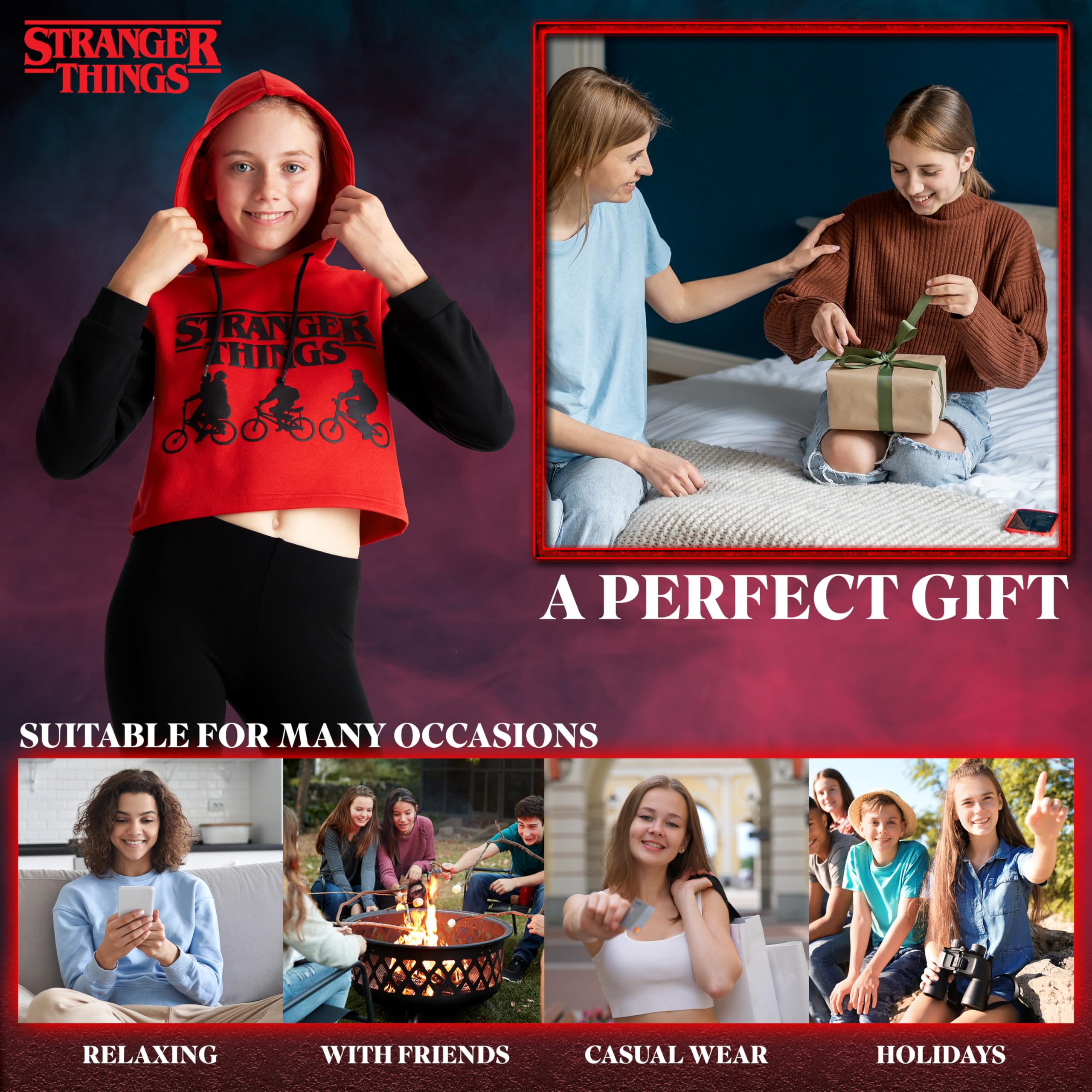 Stranger Things Sudadera Niña y Adolescentes 9-16 Años Sudadera con Capucha Regalos Cumpleaños Niños Colegio (Rojo/Negro, 14-15 Años)