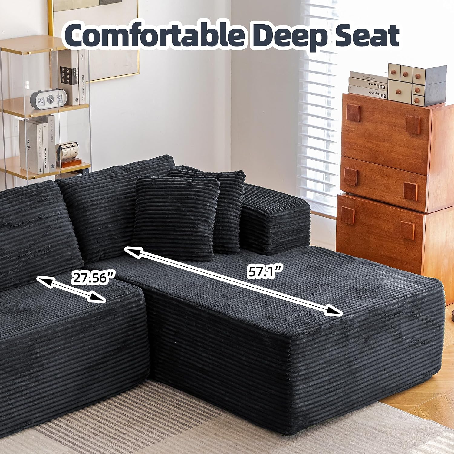 HOMREST 106" Cloud Sectional Couch with Chaise Lounge, L-Shape Modular Sectional Boneless Sofa with Deep Seat, Upholstered Couches for Living Room Bedroom, No Assemble, Black (Plush Corduroy Fabric)