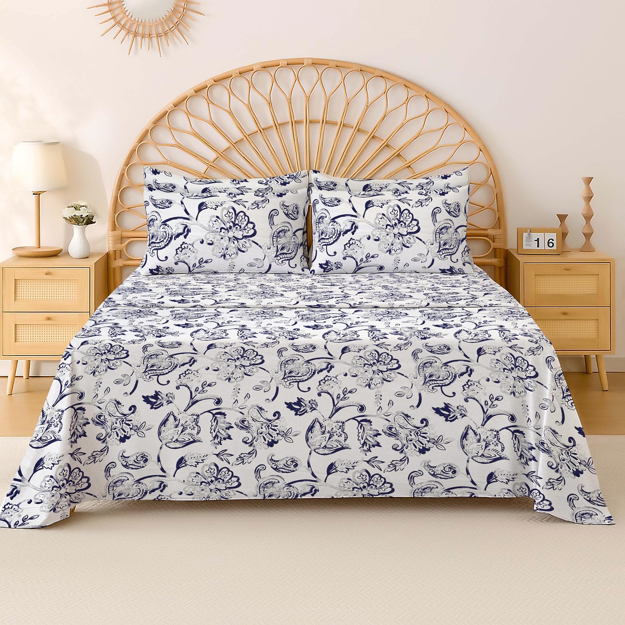 Cotton Comfort Bedding 100% Egyptian Cotton 400 Thread Count Printed Floral Flat Sheet – Soft, Breathable Bedding for Comfortable Sleep – Single, Small Double, Double & King Sizes