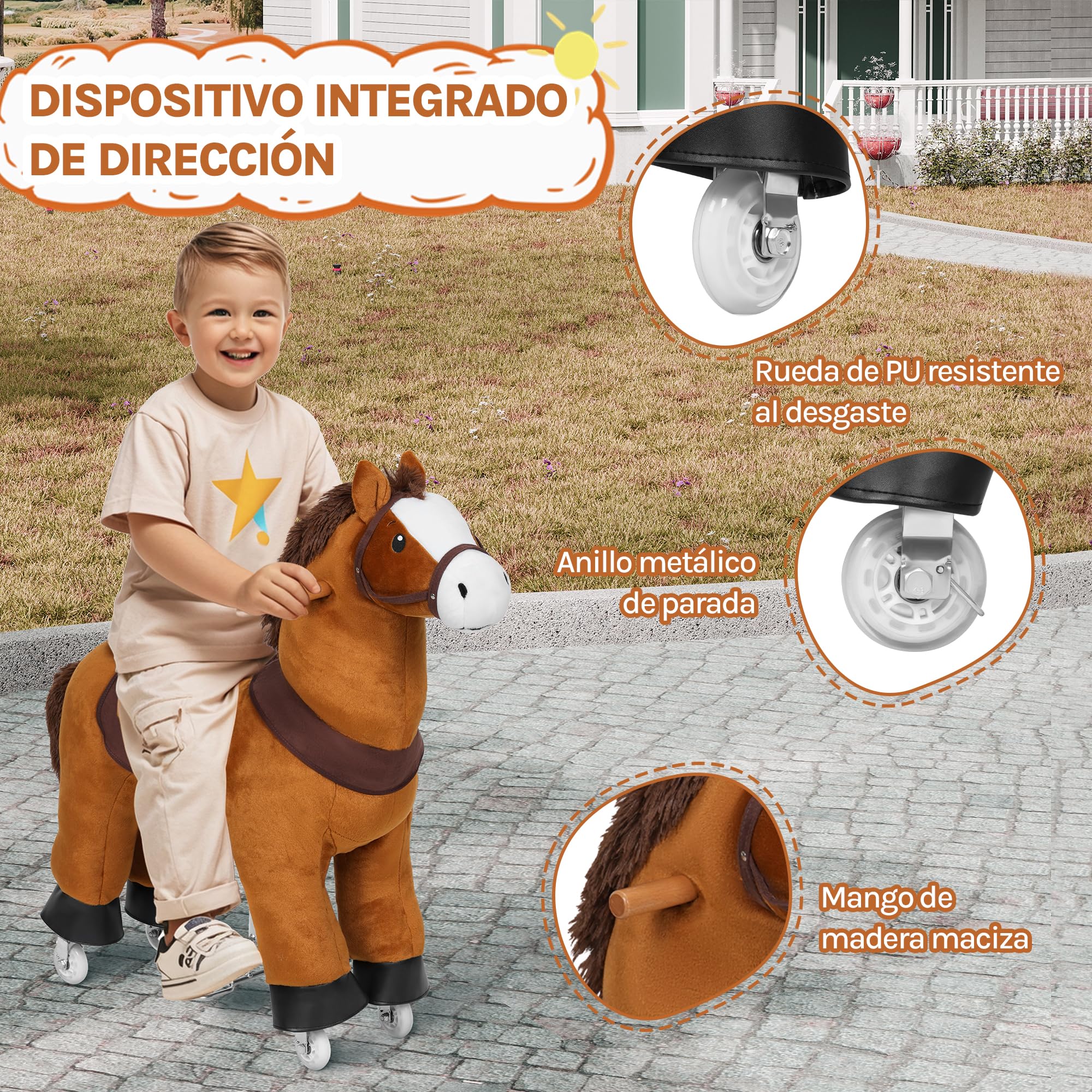 WOLTU Caballito con Ruedas para Niños de 3 Años, Caballo de Peluche para Montar con Sonido, Juguete Infantil en Madera y Metal, Color Marrón
